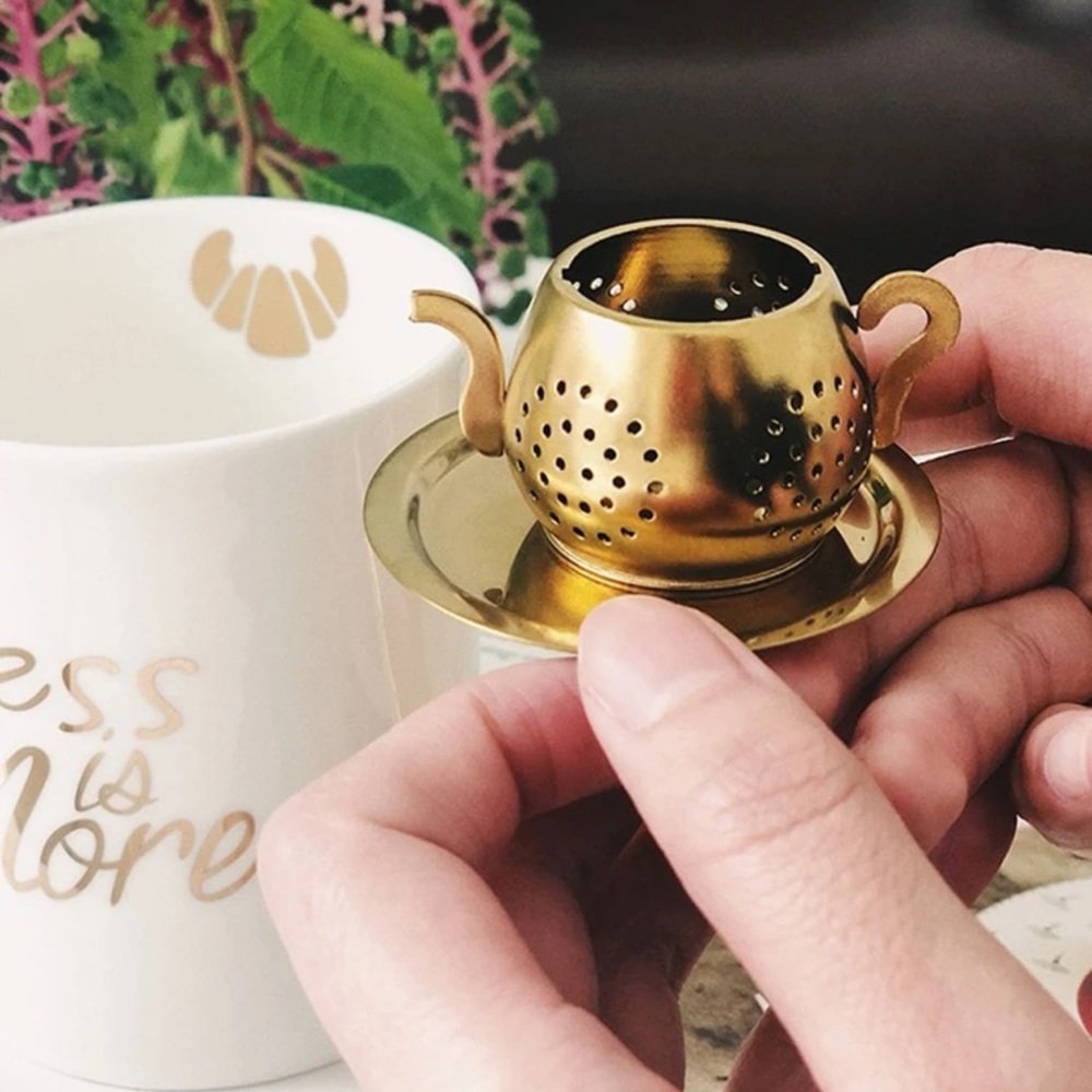 New Gold Stainless Steel Loose Leaf Tea Strainer Filter Chain Saucer Minimalist - Picture 5 of 16